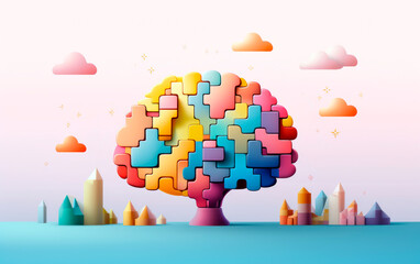 Illustration banner design of human profile made of colorful puzzle pieces. Knowledge and logic concept. Header with connecting jigsaw puzzle pieces with copy space. - obrazy, fototapety, plakaty