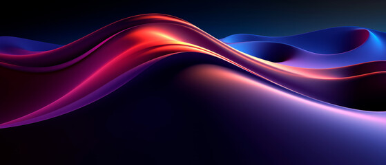3D futuristic render of neon waves in dark purple, red and golden tones. Wallpaper header for...