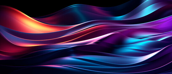 3D futuristic render of neon waves in dark purple, red and golden tones. Wallpaper header for...