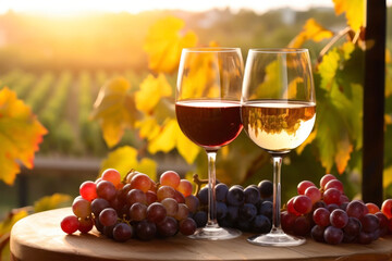 Two glasses of white and red wine with grapes on vineyard terrace at sunset - obrazy, fototapety, plakaty