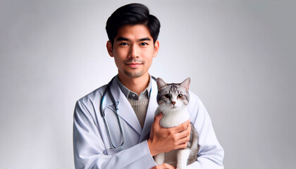 Confident Male Veterinarian with a Stethoscope Holding a Tabby Cat: Professional Pet Care and Veterinary Services, Clinic Hospital