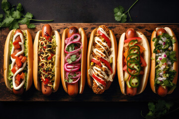 Hot dogs with various toppings on a wooden board. Top view.