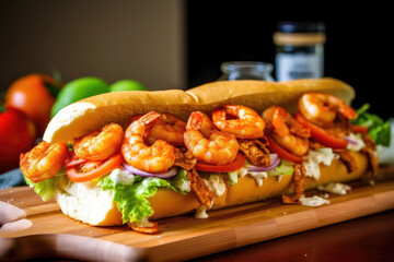 New Orleans Shrimp PoBoy on French Bread and vegetables on a wooden board.