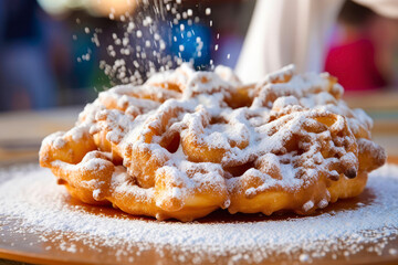 Sweet fried funnel cake fried dough with powdered sugar on a wooden background. Street food. - obrazy, fototapety, plakaty