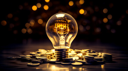 glowing light bulb standing on a pile of coins, symbolizing ideas, innovation, and investment in a dark, bokeh background