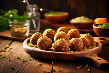 Fried falafel balls with parsley on a wooden board - obrazy, fototapety, plakaty