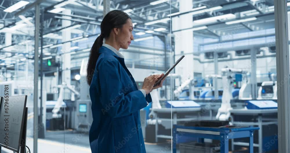 Aufkleber Beautiful Asian Female Engineer Standing Next to a Window in Office, Using Tablet Computer with Online Monitoring Software at an Electronics Factory. Machines and Robotic Arms are Producing Goods