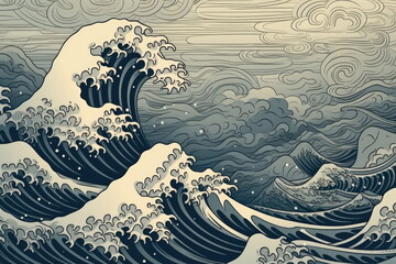 Abstract Hokusai style background, Waves with sea