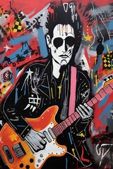 Punk Rockstar playing guitar. Poster design of guitarist on stage. Wall art. Ai Generative