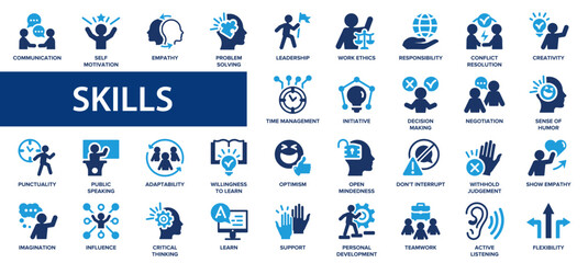 Skills flat icons set. Assertiveness, personality, creativity, empathy, communication, solving, personality icons and more signs. Flat icon collection.