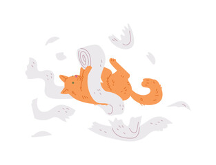 Red cat play with toilet paper around scattered shreds.