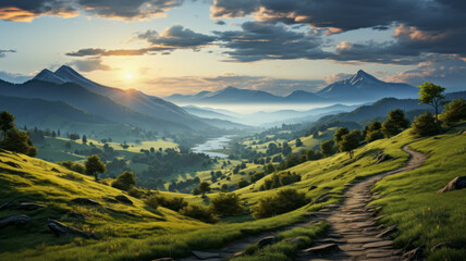 Quiet landscape with green fields and a beautiful mountain valley