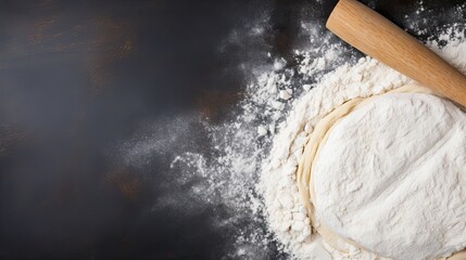 Rolling Pin And white flour on a  Dark background