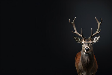 Front view of Red Deer on dark gray background. Wild animals banner with copy space