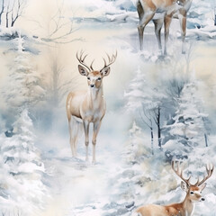 forest, ice, ,snow and deer seamless watercolor christmass seamless  pattern textile Generative AI