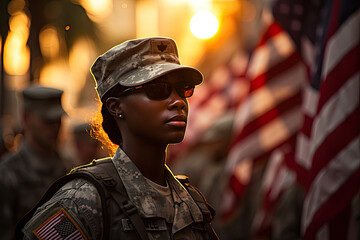 Portrait of African American young female soldier in uniform with the US flag on the background at sunset, National Memorial Day, Veterans Day banner