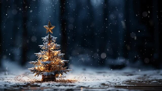 Christmas scene with copy space. Christmas tree in the winter forest. Beautiful winter landscape with Christmas tree.. Snowfall. Loop. Space for text. 
