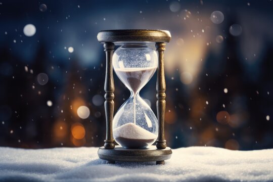hourglass in winter snowy background
