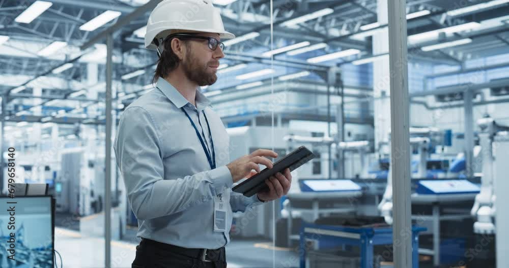 Poster Electronics Factory Manager Working on Tablet at an Industrial Manufacture with Robotic Arms. Specialist in a Hard Hat Monitoring Big Data on a Computer, Checking and Planning Production Numbers