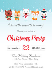 Christmas Party invitation template. Winter holiday illustration with a cute animals on a background of a winter landscape. Vector 10 EPS.