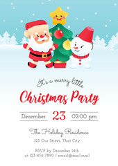 Fototapeta na wymiar Merry Little Christmas Party invitation template. Winter holiday illustration with a Santa Claus, a snowman and a fir tree on a background of a winter landscape. Vector 10 EPS.
