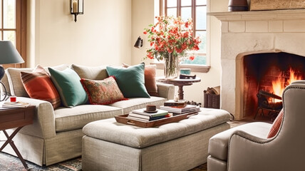 Interior design, home decor, sitting room and living room, white sofa and furniture in English country house and elegant cottage style