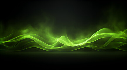 Obraz premium Elegant abstract art featuring flowing green neon waves and space dust on a dark backdrop, perfect for a modern wallpaper.