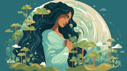 Obraz na płótnie Canvas Illustration of the Mother Earth, a woman with flowing long hair gracefully intertwined with stylized elements of nature, symbolizing the harmonious relationship between humans and the environment.