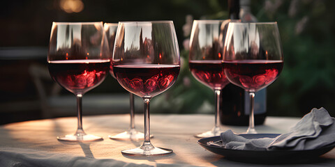 Glasses of red wine on the table outdoors on blurred vineyard background