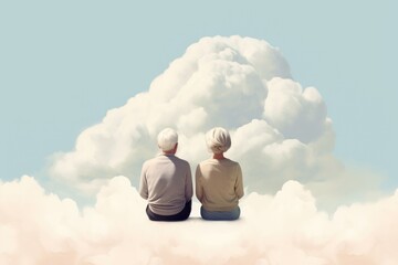 senior couple sit together in clouds illustration - obrazy, fototapety, plakaty