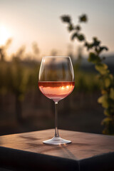 Glass of pink wine on the table outdoors on blurred vineyard background at sunset