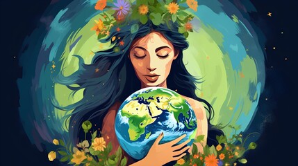 Naklejka premium An artistic representation of Mother Earth as a serene woman with flowing hair cradling a delicate globe, enveloped by an array of vibrant greenery, symbolizing natures nurturing embrace.