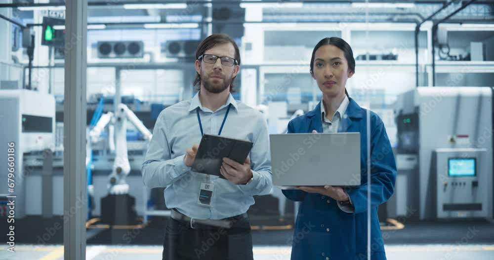 Leinwandbilder caucasian engineer and asian female project manager standing in office, talking, using computers and