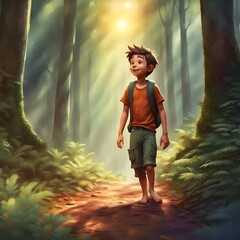 Waldbaden: Junge wandert geht barfuß allein durch einen Wald, ist fasziniert, lächeldes Gesicht, schaut sich um, Sonnenstrahlen leuchten durch die Bäume  Blätter, Freiheit, Sommer, genießen, Ferien - obrazy, fototapety, plakaty