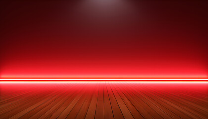 A singular red neon light line over a wooden floor.