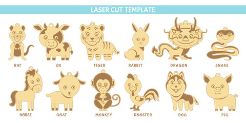 Obraz premium Chinese New Year Zodiac Collection. Template for laser cut and engrave. Rat, ox, tiger, rabbit, dragon, snake, horse, goat, monkey, rooster, dog and pig. Vector illustrations in simple style. 