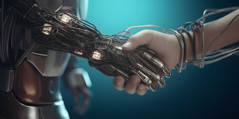 Handshake between child and cyborg, full of wires and cables. Futuristic. Intersection between technology and humanity. The image depicts a futuristic world where cyborgs and humans coexist and intera