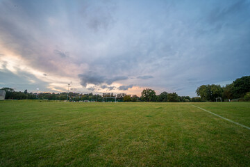 Large empty camping area in England during sunset