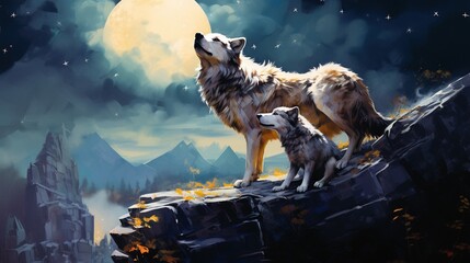A beautiful oil painting depicting a wolf and a puppy howling at the moon, capturing the essence of nature and companionship.