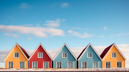 Five wooden simple houses next to each other. Street view of multiple colorful small wooden...