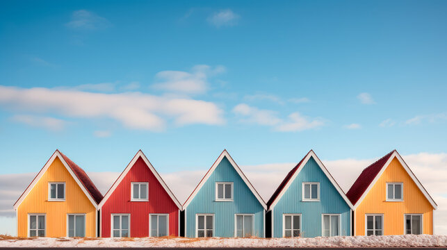Five wooden simple houses next to each other. Street view of multiple colorful small wooden buildings of various colors.