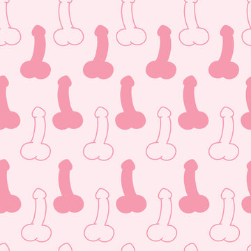 Seamless pattern of minimalistic penises, pink doodle penis repeating pattern on white background