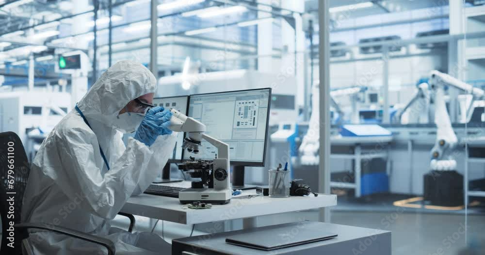 Poster Two Technicians in Protective Coveralls Working in a Cleanroom. Female Scientist Developing a Revolutionary Circuit Board for Artificial Intelligence Robots, Colleague Using a Desktop Computer