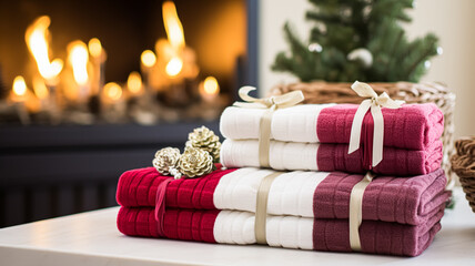 Fototapeta na wymiar Christmas gift set, blanket, towel and home decor textiles as holiday present for English countryside cottage