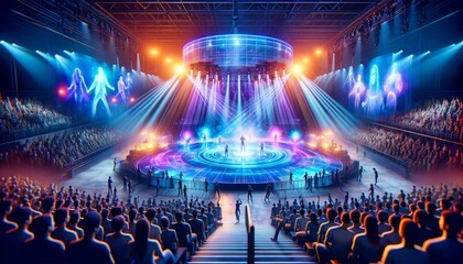 Virtual concert with holographic performers and interactive light shows captivating a large audience.Generative AI