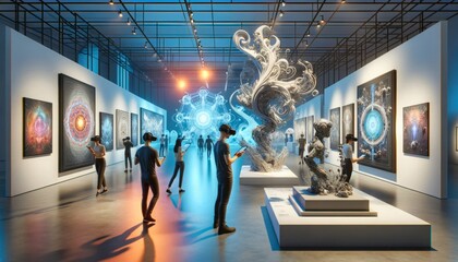 Modern VR art gallery with 3D digital sculptures and interactive art installations.Generative AI - obrazy, fototapety, plakaty