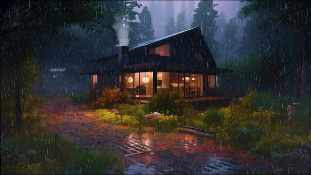 A beautiful cottage in the middle of rain forest during evening. Rain on house. Generative AI.