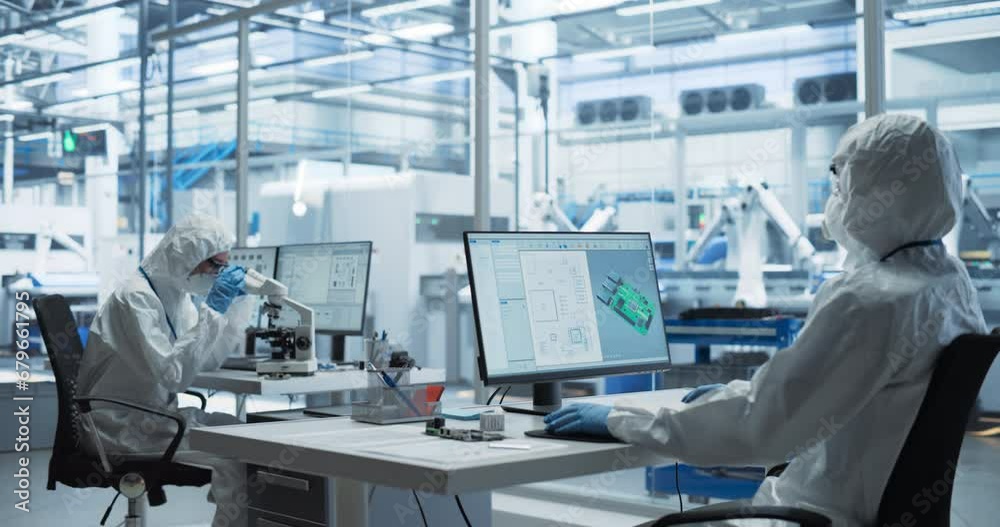 Poster Establishing Shot of Two Laboratory Workers in Protective Coveralls Developing a New Advanced Central Processing Unit. PCB Design Engineer Working on a Computer, While Colleague is Using a Microscope