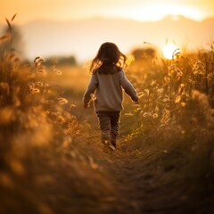 Back view of a young girl strolling through fields at sunset with the sun casting a warm glow