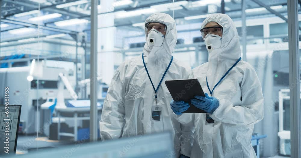 Aufkleber industrial scientists wearing disposable protective suits, masks and goggles at a production plant. 